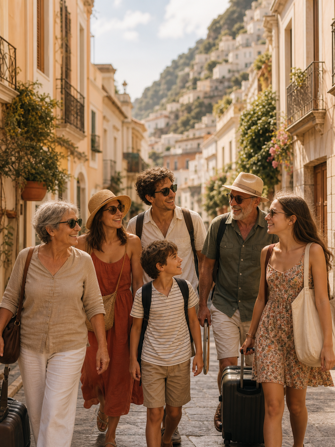 Travelers arriving on a city street